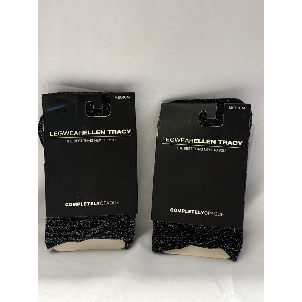 Lot Of 2 Ellen Tracy Legwear Completely Opaque Glitter Tights Medium Black NIP